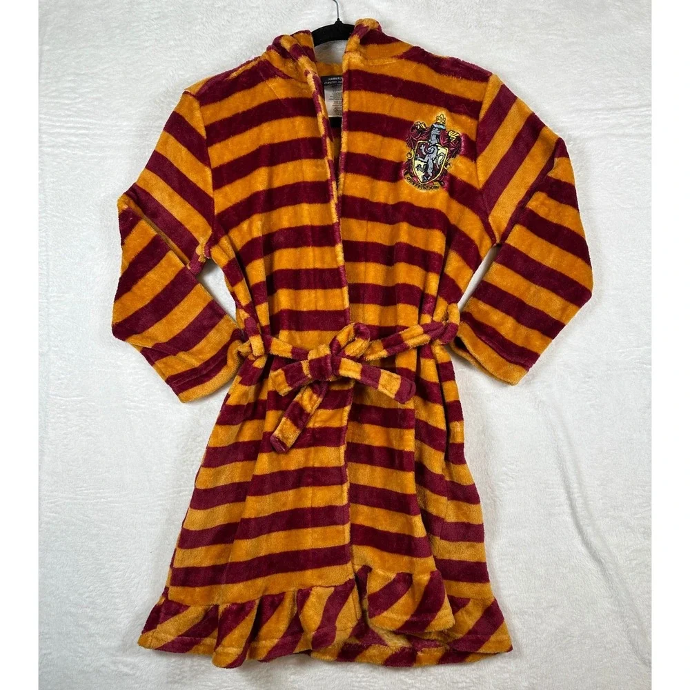 Harry Potter Gryffindor Robe Girls L 10/12 Gold Maroon Striped Hooded Fleece